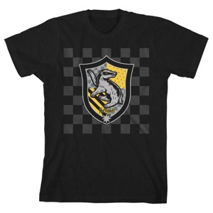 Harry Potter Hufflepuff Crest Checkered Background Black Tee Toddler Boy to Youth Boy - 1 of 1