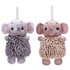 REGALWOVEN 2 Packs Soft Absorbent Chenille Cute Cartoon Elephant Hand Towel with Hanging Loop 7" x 11" - 1 of 4