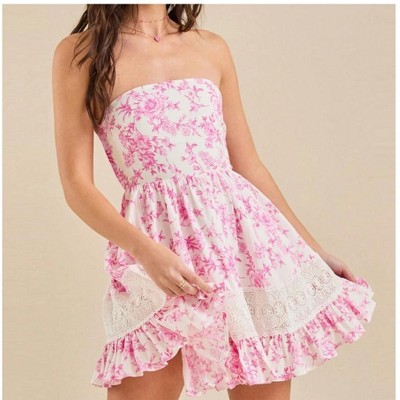 Nmoder  Strapless Mini Tube Dress Floral Ruffle Short Bandeau Dress Off Shoulder Lace Patchwork Flowy Bodycon Going Out Dresses