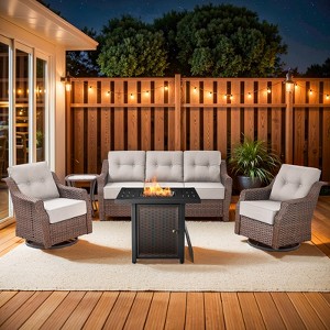 Buenhomino 5 Piece Outdoor Patio Furniture Set with 50000 BTU Propane Fire Pit Table, Deep Seating Wicker Swivel Rocker Chairs Patio Conversation Set - 1 of 4