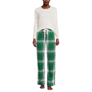 Lands' End Women's Pajama Set Knit Long Sleeve T-Shirt and Flannel Pants - 1 of 3