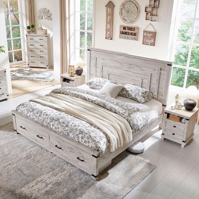 SinCiDo Queen Size Farmhouse Bed Frame, 54" Tall Geometric Headboard & 2 Storage Drawers ,Solid Wood Platform w/Reinforced Slats