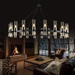 CityFurn 20/24-Light Black Wagon Wheel Chandelier Glass Pendant Light for Dining Room - 1 of 4