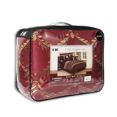 HIG 7 Piece Bed in A Bag Comforter Set Queen Burgundy and Gold Faux Silk Fabric Embroidered Bedding Set — фото 7