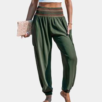 Women's Olive Smocked Waist Patch Pocket Tapered Leg Pants - Cupshe