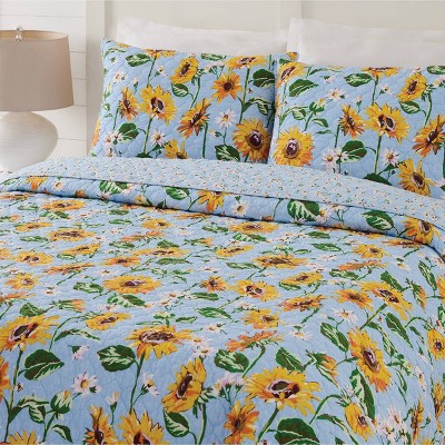 Sunflower Sky Twin Blue Cotton Reversible Quilt Set