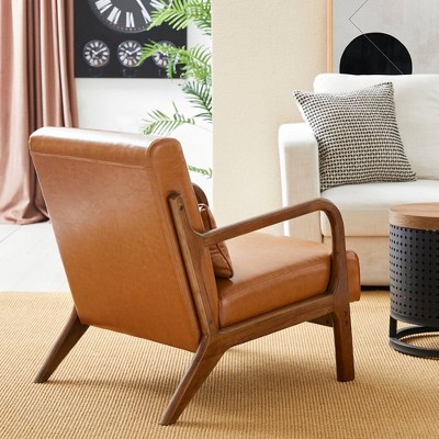 Mid-Century Modern Yellowish Brown Faux Leather Accent Chair with Walnut Wood Frame