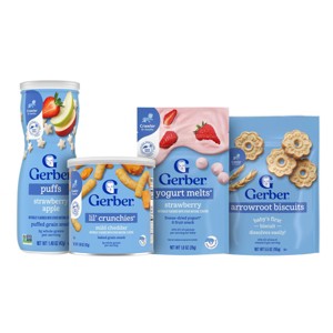 Gerber Baby Food Arrowroot Cookies 5.5oz + 1oz Strawberry Yogurt Melts + 1.48oz Cheddar Crunchies Baby Snack + 1.48oz Apple Puffs Toddler Snacks - 1 of 4