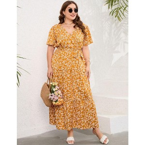 Women Plus Size Maxi Dress V Neck Summer Dress Short Sleeve Long Dress High Waist Ruffle Casual Dress with Belt, Flower Caramel Color, 3XL - 1 of 4