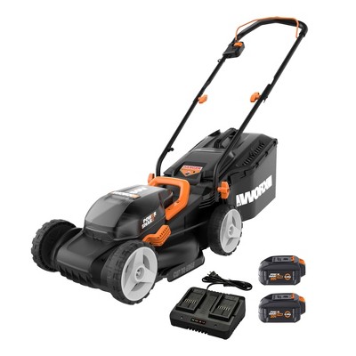 Worx WG779 40V Powershare 14in. Cordless Lawn Mower, Compatible, Bag and Mulch, Intellicut, Compact Storage Batteries and Charger Included