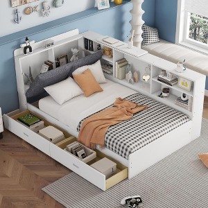 BABYYER Twin Size Corner Bed Frame with Upholstered Headboard, L-Shaped Solid Wood Platform Bed with 2 Drawers and Rotatable Storage Board - 1 of 4