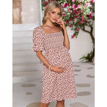 WhizMax Women's Maternity Dress Floral Square Neck A Line Fashion Dress Short Sleeves Maternity Dress for Photography
