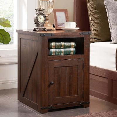 Nightstand with Charging Station, 20" Farmhouse End Table w/Groove Barn Door & Adjustable Shlef for Bedroom