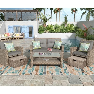 Outdoor 6-Piece Wicker Patio Conversation Set, Sectional Sofa with Glass Coffee Table and Ottomans, Sofa with Foam Cushions–Cuddlewood