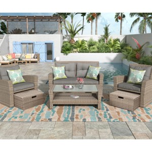 Outdoor 6-Piece Wicker Patio Conversation Set, Sectional Sofa with Glass Coffee Table and Ottomans, Sofa with Foam Cushions–Cuddlewood - 1 of 4