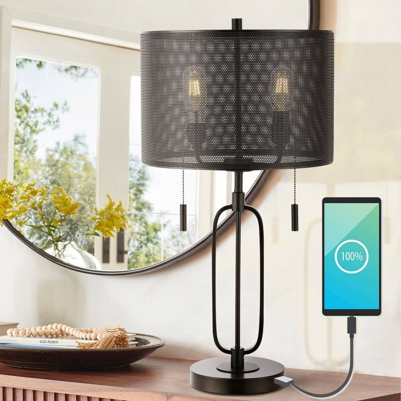 27&#34; 2-Light Hank Industrial Farmhouse Iron LED Table Lamp with USB Charging Port Oil Rubbed Bronze (Includes LED Light Bulb) - JONATHAN Y, 4 of 9
