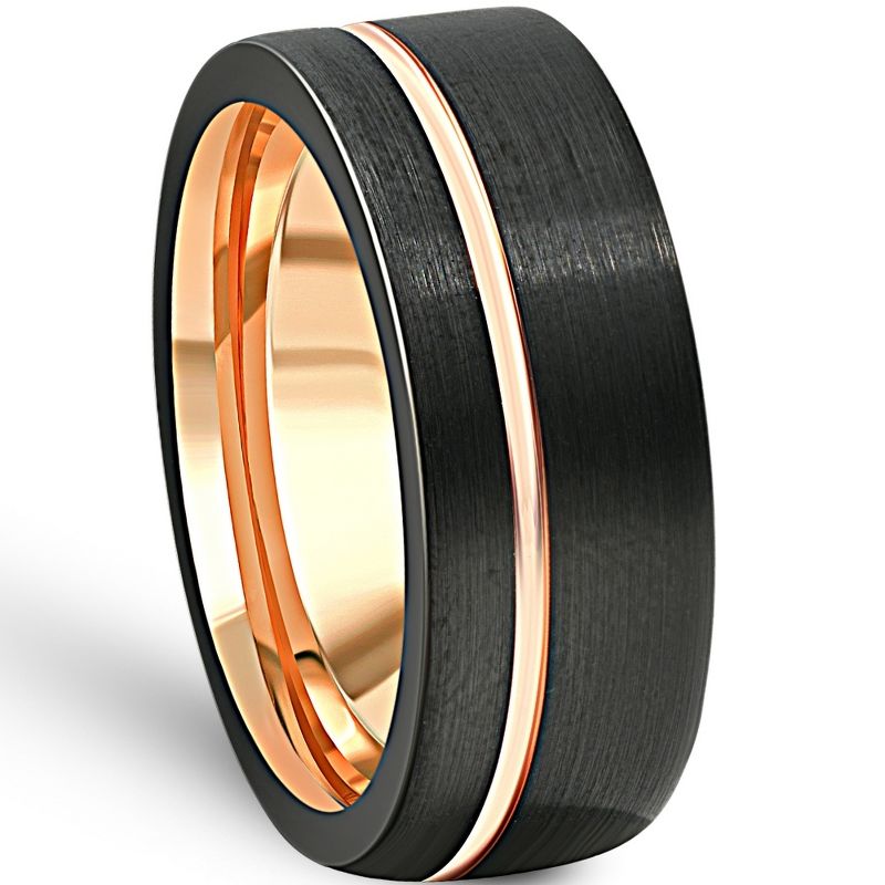 Pompeii3 Men's Brushed Black Tungsten Rose Gold Plated Two Tone 8mm Ring Wedding Band, 2 of 5