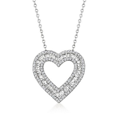 Ross-Simons 1.00 ct. t.w. Baguette and Round Diamond Open-Space Heart Pendant Necklace in Sterling Silver