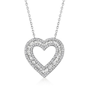 Ross-Simons 1.00 ct. t.w. Baguette and Round Diamond Open-Space Heart Pendant Necklace in Sterling Silver - 1 of 3