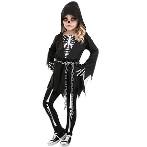 HalloweenCostumes.com 2T/4T  Girl  Toddler Skeleton Death Costume | Kid's Grim Reaper Hooded Dress,  Leggings & Chain, White/Gray/Black - 1 of 4