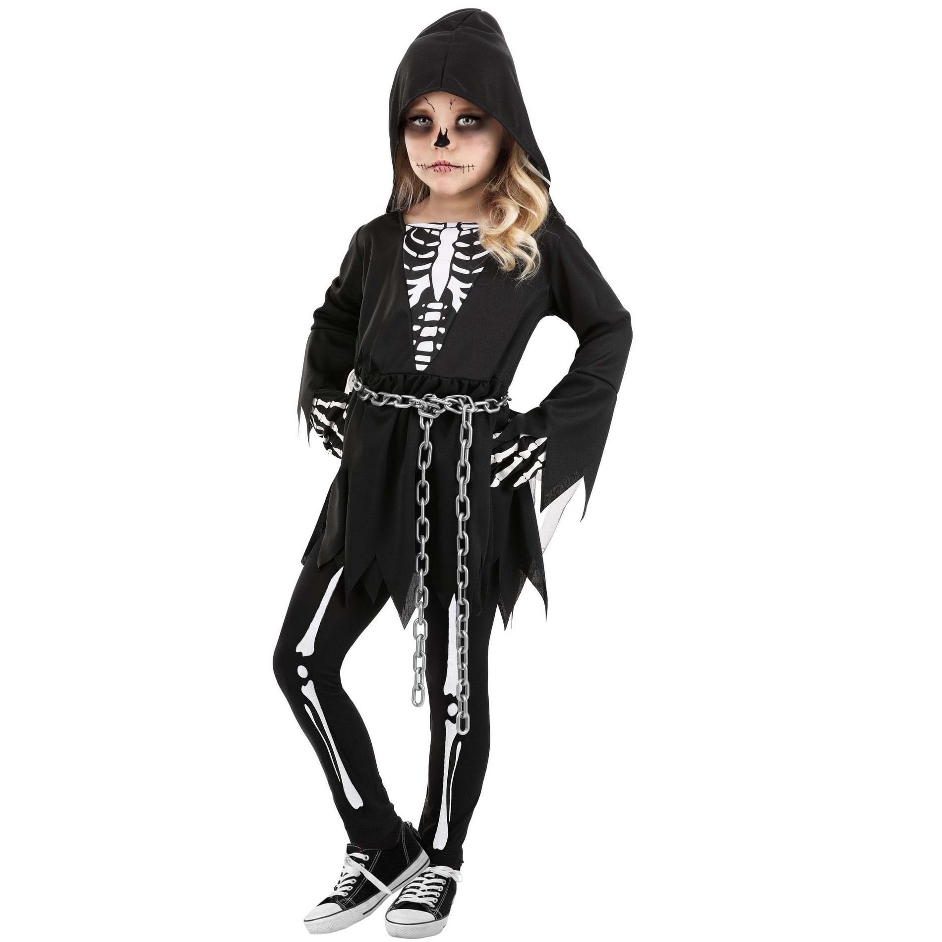 HalloweenCostumes.com 2T/4T  Girl  Toddler Skeleton Death Costume | Kid's Grim Reaper Hooded Dress,  Leggings & Chain, White/Gray/Black