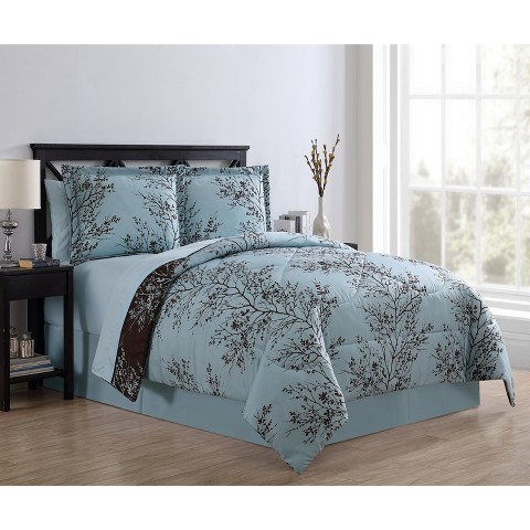 VCNY 8pc Queen Leaf Bed in a Bag Comforter Set Blue/Chocolate - VCNY Home: Hypoallergenic, Reversible, Microfiber