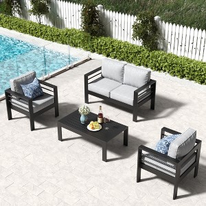 LayinSun Outdoor Aluminum Furniture Set, 4 Pieces Patio Sectional Conversation Chat Sofa Modern Seating Set with Coffee Table - 1 of 4