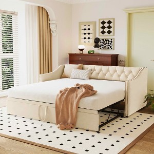 MAYEERTY Twin Size Upholstered Daybed, Pop Up Trundle, Bedroom, Beige - 1 of 4