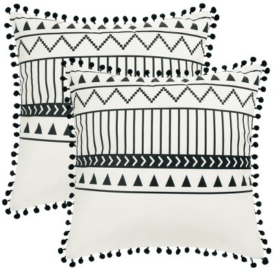 Unique Bargains Decorative Geometric Line Pattern Fringe Pompoms Throw Pillow Covers 2 Pcs