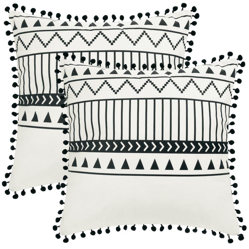 Unique Bargains Decorative Geometric Line Pattern Fringe Pompoms Throw Pillow Covers 2 Pcs, 1 of 7