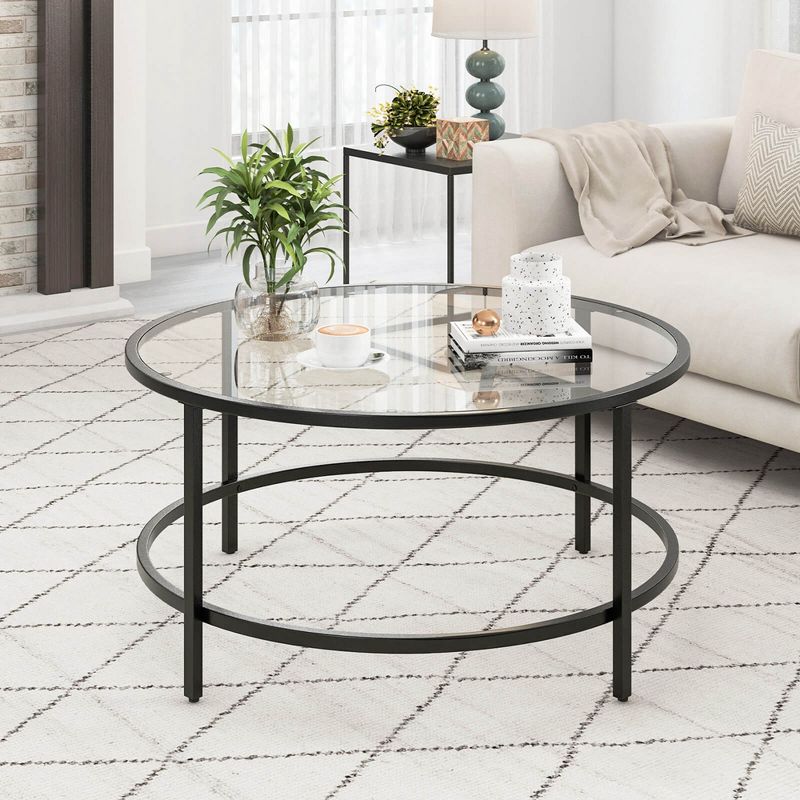 Costway 36'' Round Coffee Table Tempered Glass Tabletop Metal Frame Living Room Black/Golden, 2 of 11