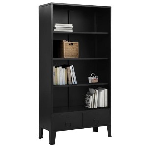 vidaXL Industrial Steel Bookshelf - Black Freestanding Furniture with Shelves, Drawers, and Name Tags for Office and Home - 1 of 4