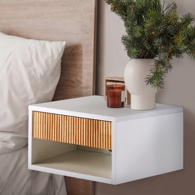 White MDF Floating Nightstand with Rattan Drawer