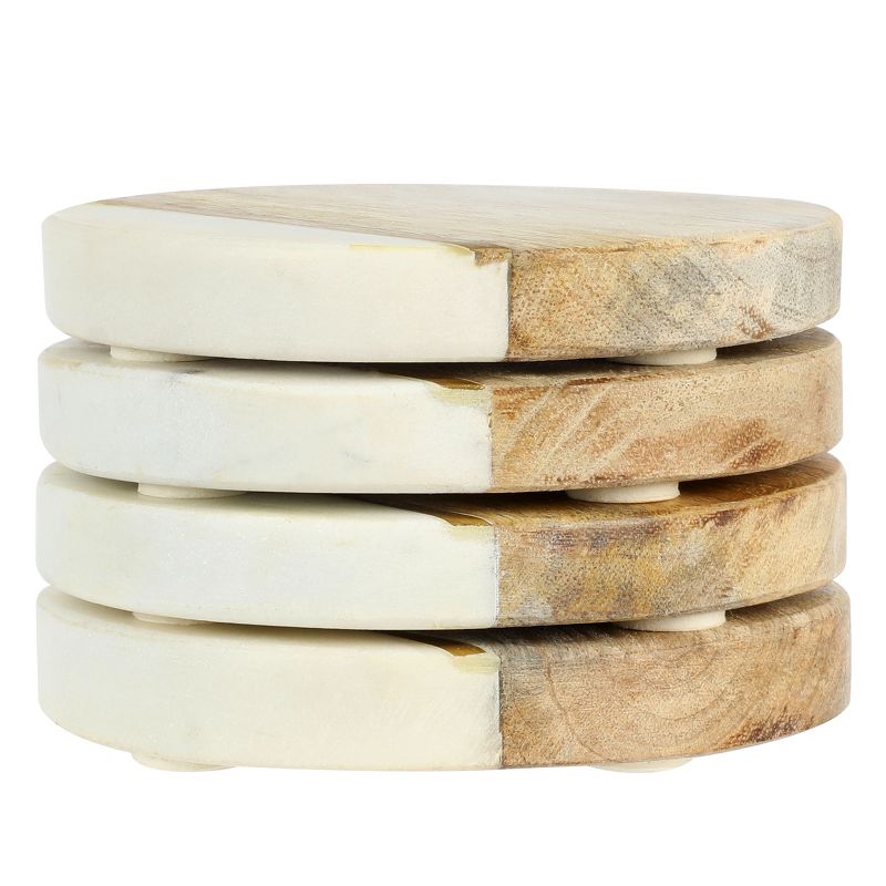 Laurie Gates White Marble and Mango Wood Round 4 Piece Coaster Set, 2 of 8