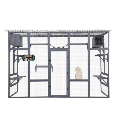 SEVOBAL 104" Large Stable Spacious Wooden Catio Outdoor Cat Enclosure with Perches and Condos Cat Cage Indoor with Waterproof Roof 7 Pedal 1 Bridge