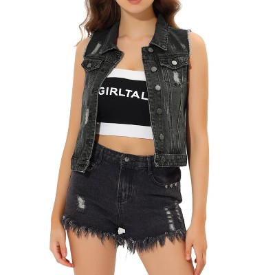 Black sleeveless denim jacket womens best sale