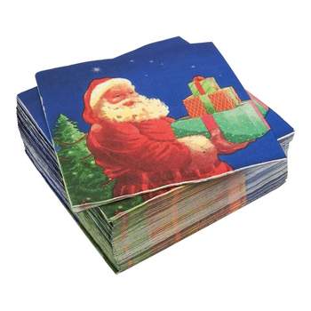Blue Panda 100-Pack Blue Santa Claus Disposable Paper Cocktail Napkins, Christmas Party Supplies Decorations