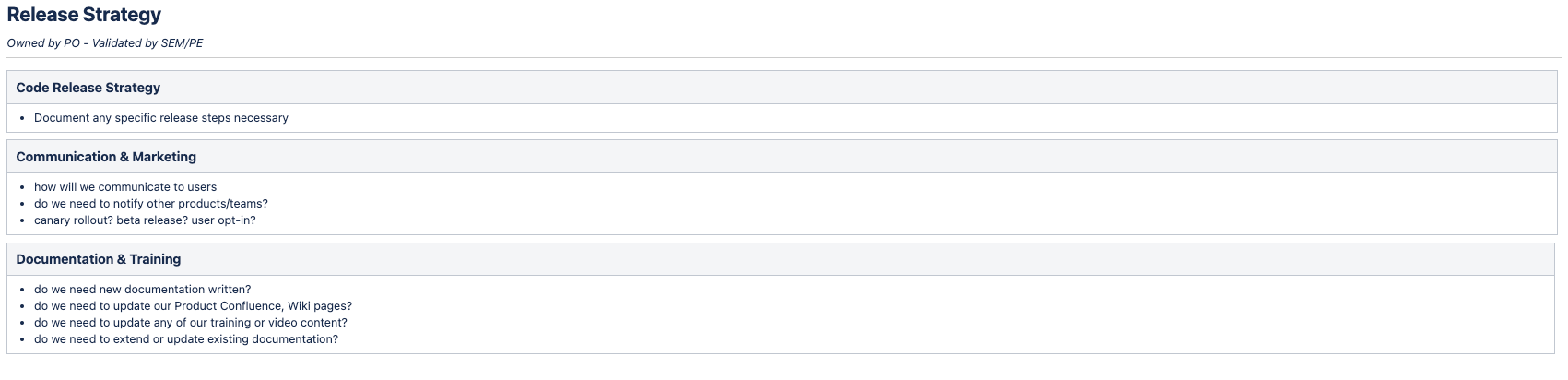 Screenshot of feature doc example section titled "Release Strategy," with subheads titled "Code Release Strategy," "Communication & Marketing," and "Documentation & Timing"