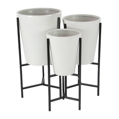 Set of 3 Cylindrical Metal Planter with Stand White/Black - Olivia & May