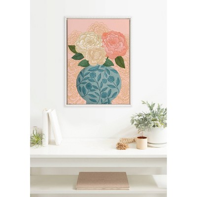 18"x24" White Beaded Frame Floral Canvas Art