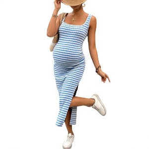 Garvee Maternity Dress Striped Ribbed Knit Tank Midi Sun Dress Side Slit  Bodycon Pregnancy Clothes Comfortable Summer Outfits Stretchy,Blue - X  Large : Target