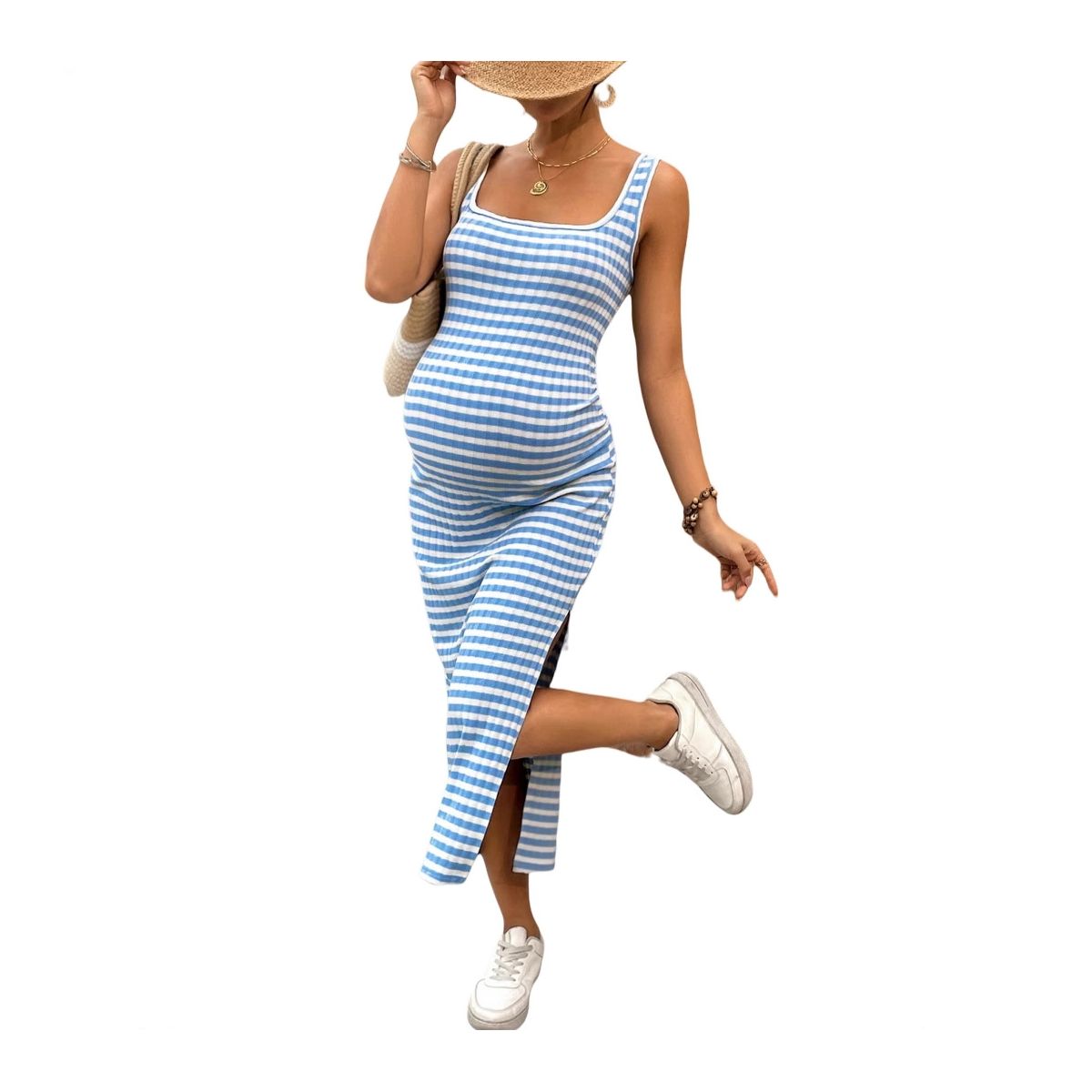 Garvee Maternity Dress Striped Ribbed Knit Tank Midi Sun Dress Side Slit Bodycon Pregnancy Clothes Comfortable Summer Outfits Stretchy