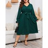 Women's Plus Size Midi Dress V-Neck Lace Pocket Lantern Sleeve Waist Tie Dress Fall - 2 of 4