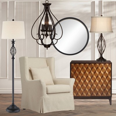 Bronze Iron Scroll 63" Rustic Floor Lamp with Cream Drum Shade
