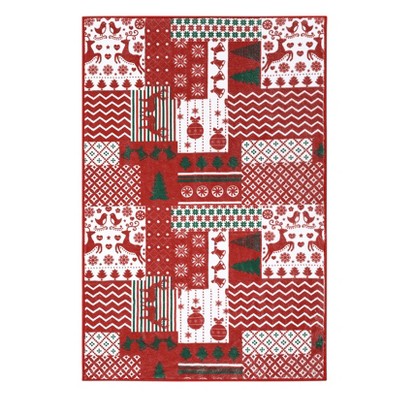 2x3 Christmas Area Rug - Machine Washable Holiday Rug w/Non-Slip Backing, Festive Patchwork Design , Low Pile Indoor Doormat for Entryway/Bedroom