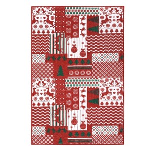 2x3 Christmas Area Rug - Machine Washable Holiday Rug w/Non-Slip Backing, Festive Patchwork Design , Low Pile Indoor Doormat for Entryway/Bedroom - 1 of 4