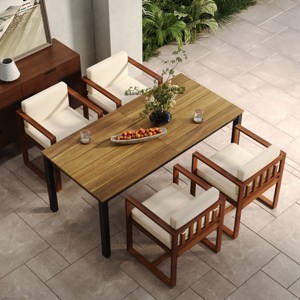 Coolbibila Modern 5 Piece Outdoor Patio Dining Set,Wooden Outdoor Rectangular Patio Garden Table for 4 and Fabric Upholstered Chair - 1 of 4