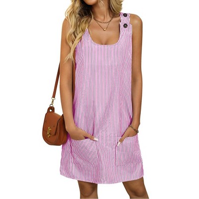 Women Mini Tank Dress U-Neck Sleeveless Striped Button Summer Sundress with Pocket Casual Beach Dresses