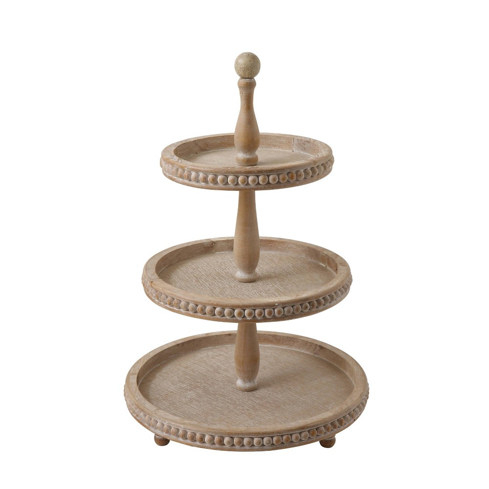Storied Home 24.7" x 16.2" Decorative Wood 3-Tier Tray Natural - Whitewash Effect, Indoor Display