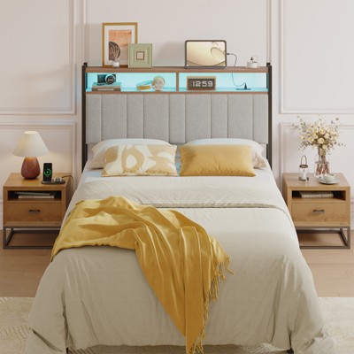 Pinmoco Full/Queen/King LED Headboard, Linen Upholstered Storage Headboard with Charging Station